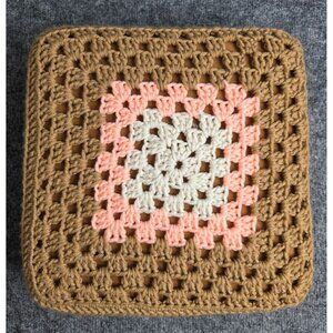 Handmade Crochet Cushion Cover 12x12 Beige Peach White Yarn Vintage Style Pillow